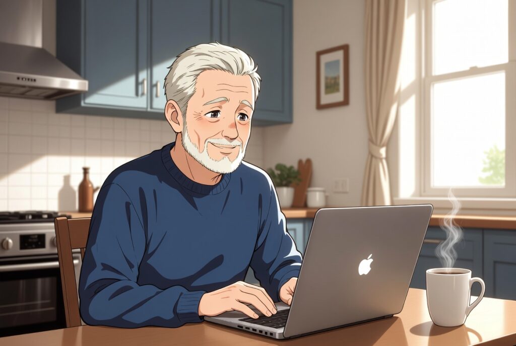 Older man using AI as a daily companion on his laptop at home