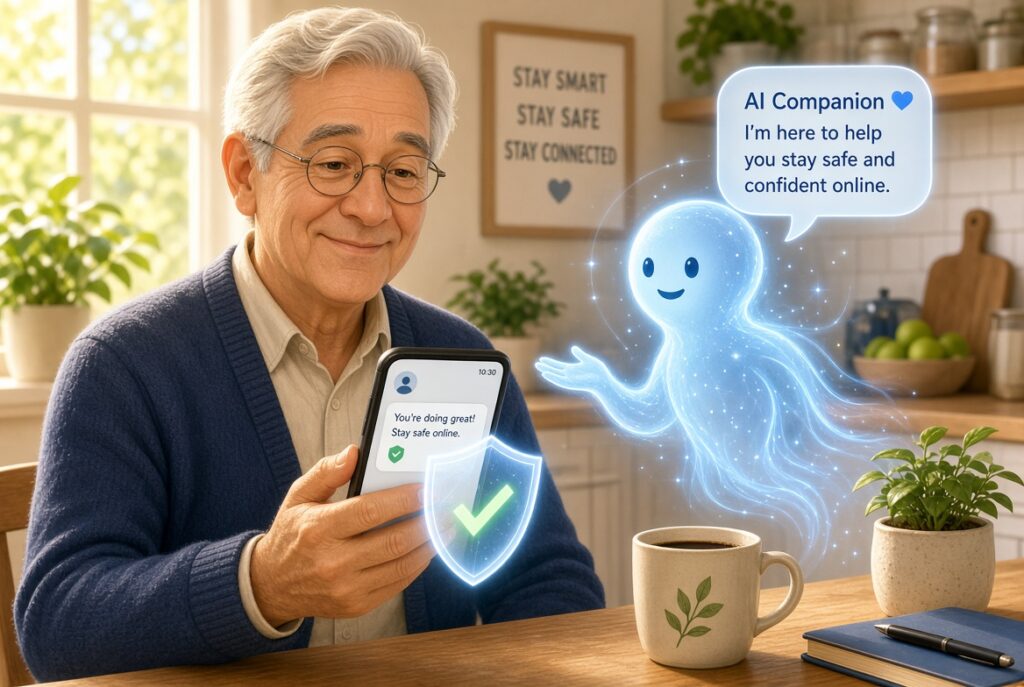 How to spot online scams with AI - older man checking phone with safety shield and AI companion