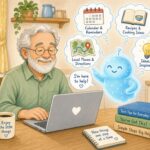 Why people fear AI – friendly illustration of an older man learning with a helpful AI assistant