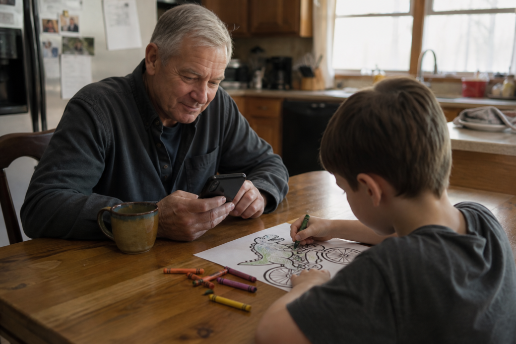 Kitchen table with coffee and a phone, a simple way to use AI for grandparents