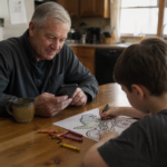 Kitchen table with coffee and a phone, a simple way to use AI for grandparents