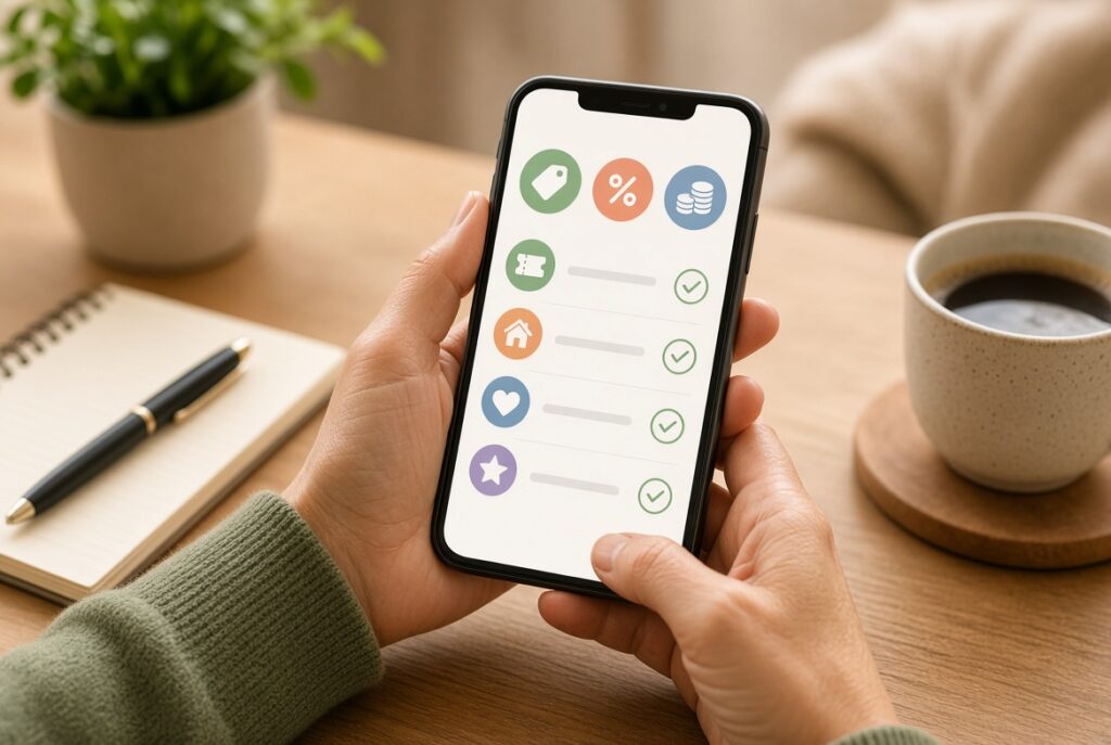 Hands holding a phone to find senior discounts with AI, savings checklist on screen