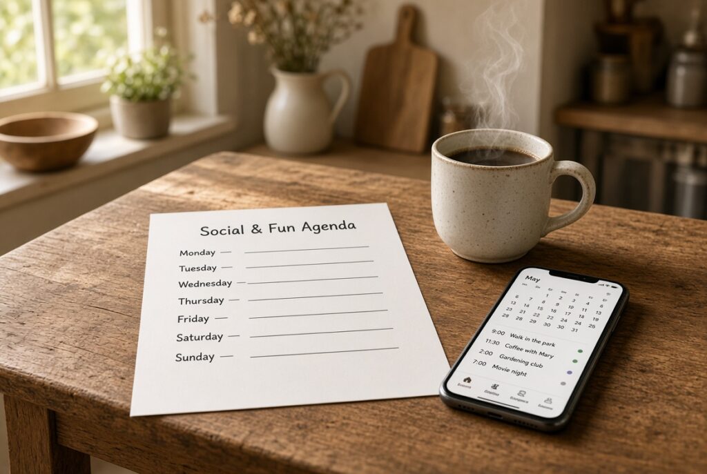 Printed weekly agenda and coffee showing how to use AI as a social calendar
