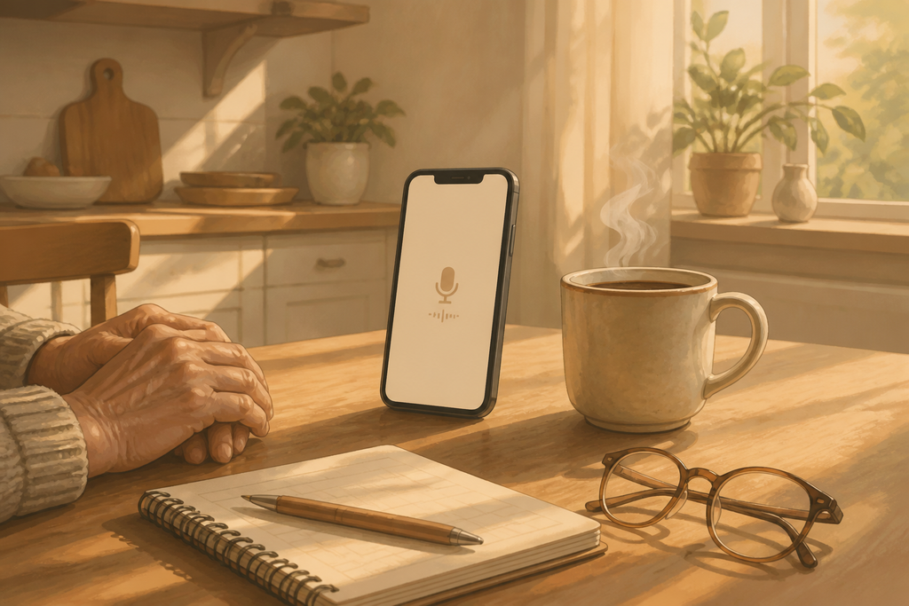 Person at a kitchen table using a phone to talk to AI with your voice