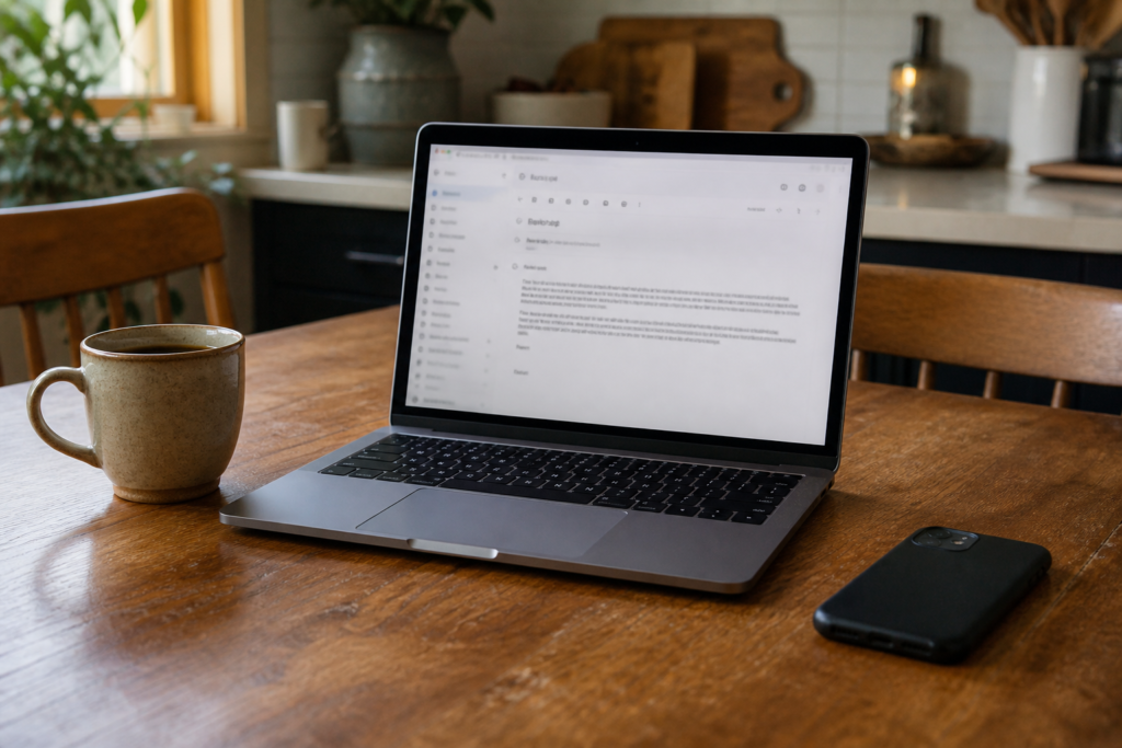 Kitchen table with coffee and a laptop used to write a difficult email with AI