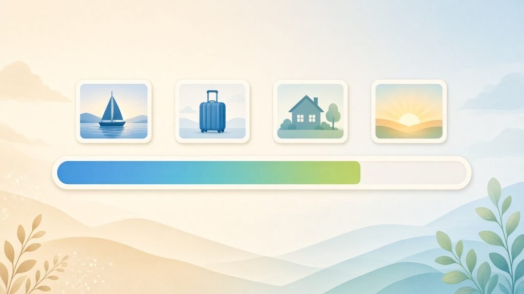 Progress bar about three-quarters full with four milestone pictures: boat, suitcase, house, and sunrise