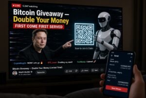 A deepfake livestream promising to double your Bitcoin if you scan the QR code, a dramatization of the scam.