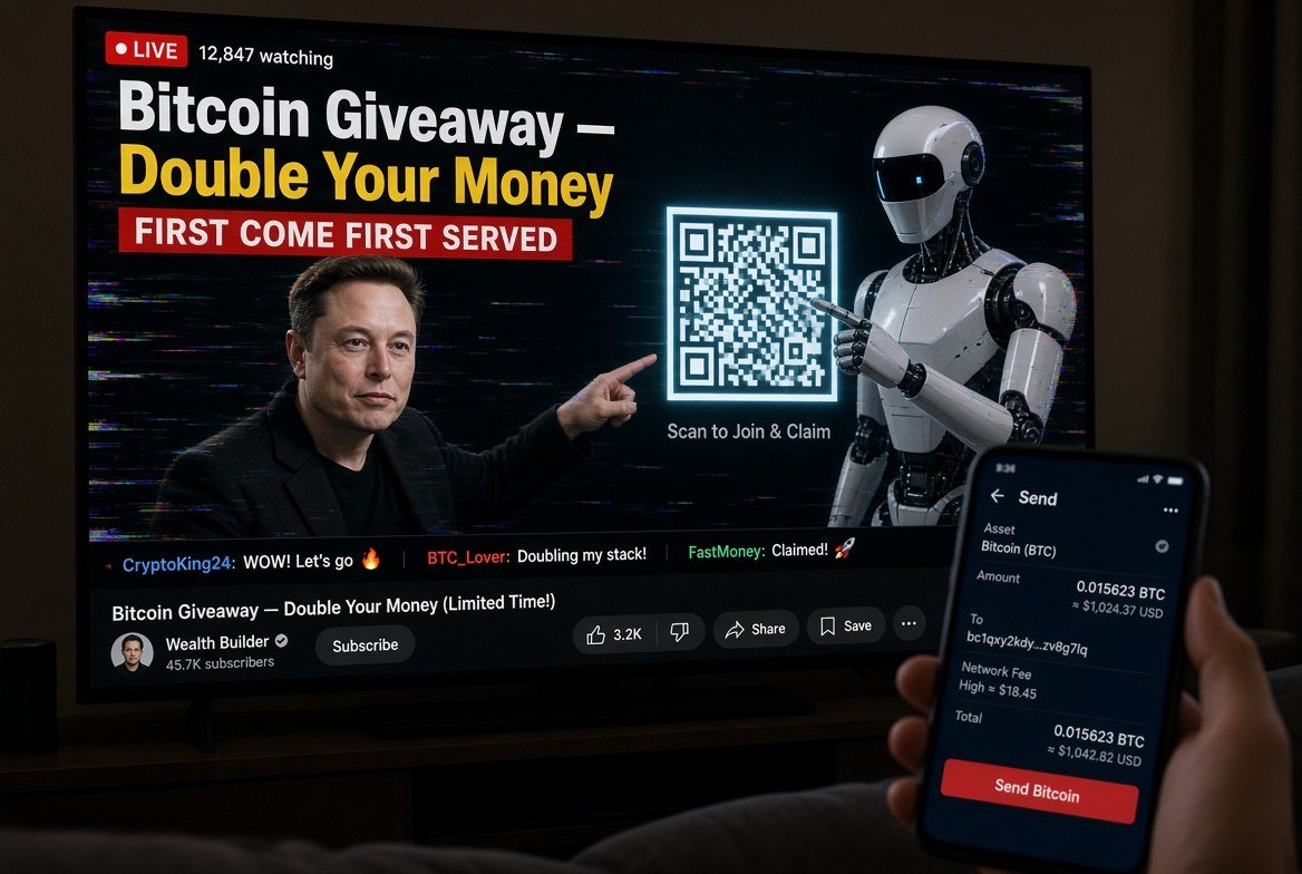 A deepfake livestream promising to double your Bitcoin if you scan the QR code, a dramatization of the scam.