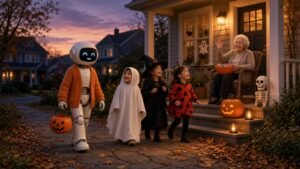 Halloween alone? A friendly robot trick-or-treats with three kids at dusk while a grandmother waves from her porch