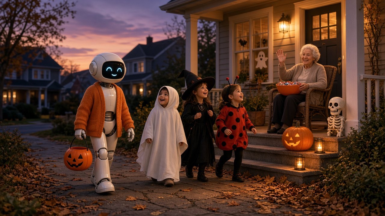 Halloween alone? A friendly robot trick-or-treats with three kids at dusk while a grandmother waves from her porch