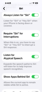 iPhone Siri settings, with Require Siri for Interruptions turned on.