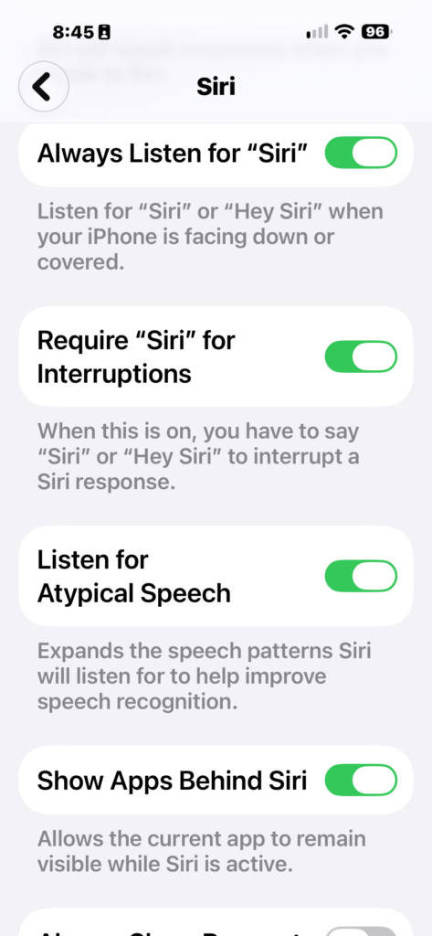iPhone Siri settings, with Require Siri for Interruptions turned on.