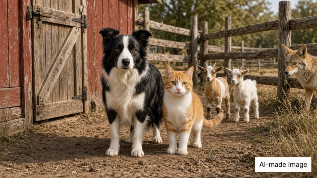 AI-made image of a border collie and an orange cat side by side in a farmyard, with two baby goats and a coyote behind them