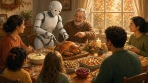 AI-made illustration of a family Thanksgiving dinner, with a smiling older man pointing as a white robot carves the roast turkey at the table