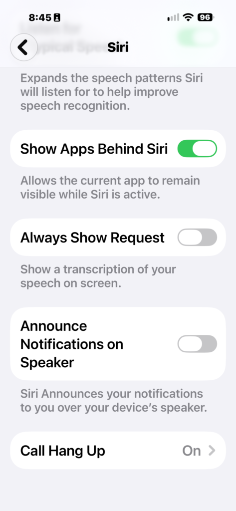 Always Show Request turned off, so Siri does not show a transcription of what was said.