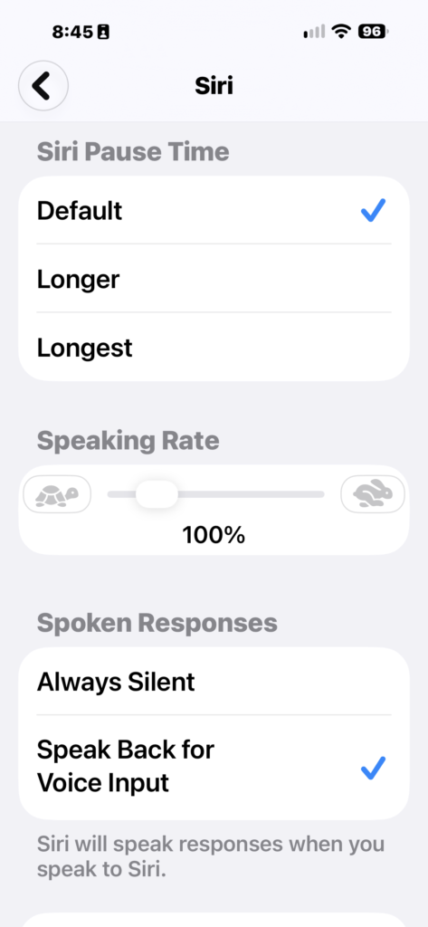 Siri pause time set to Default, speaking rate 100 percent, and Speak Back for Voice Input turned on.